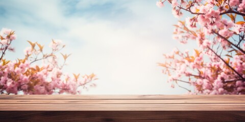 Empty wood table ready for product and food display, with pink cherry blossom flower on spring sky background. Vintage color tone.