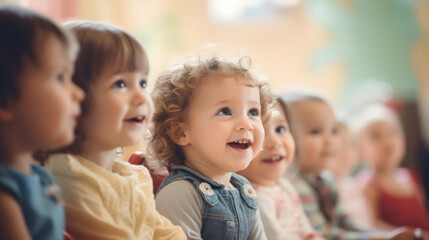 A group of young toddlers seated together, looking forward with big smiles and a sense of wonder.