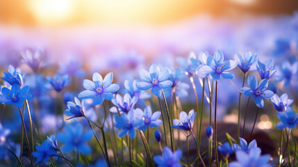 A field of vibrant hepatica flowers catching the golden light of a sunset.