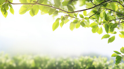 Obraz premium Lush green leaves on a branch with a soft blurred light background, symbolizing growth and nature.