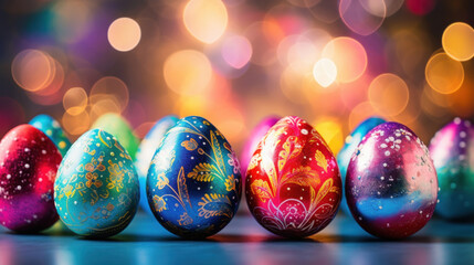 Hand-painted Easter eggs with vibrant, elaborate designs on a festive background with sparkling bokeh lights.