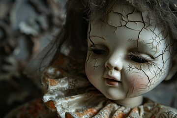 A haunted doll with cracked porcelain and a ghostly presence Old mystical scary horror doll