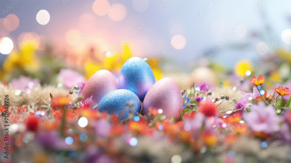 Wall mural A festive Easter setting with pastel-colored eggs nestled amongst a variety of vibrant spring flowers, symbolizing renewal.