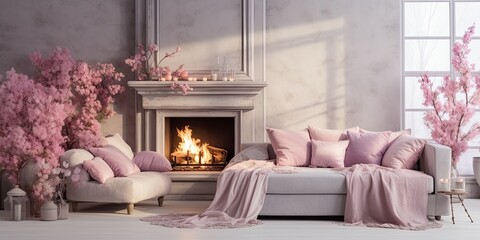 Romantic studio room with a light sofa, pink pillows, and a spring-decorated fireplace.