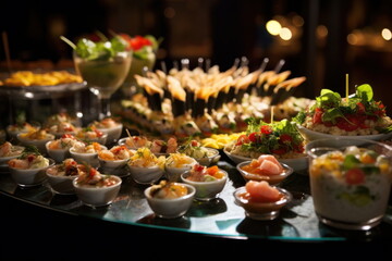 Naklejka premium Buffet food catering food party at restaurant mini canapes snacks and appetizers