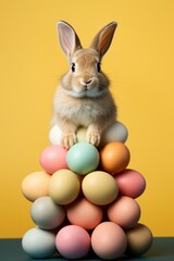 Fototapeta na wymiar A grey Easter bunny on multicolored eggs on a yellow background.