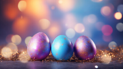 Easter eggs painted with a galaxy theme, nestled on a nest with a starry, cosmic background.