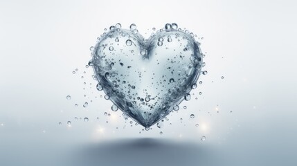 A glass heart in drops of water on a light background.