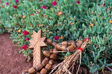 holy rosary cross on plants