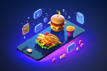 3D isometric flat concept of online food ordering app for restaurants and cafes. Generative AI