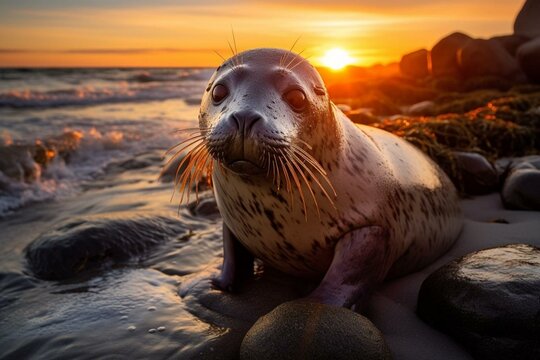 A Seal On Beach At Sunset, Sun Shining On Water And Rocks With Yellow Sky And Light On Ground. Generative AI