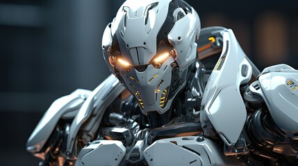 Close-up of an advanced robotic head featuring glowing eyes, white and metallic body with high-tech design elements.