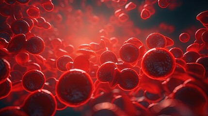 Vivid close-up rendering of red blood cells in a blood vessel with a focus on the texture and cellular structure, highlighting medical and biological themes.
