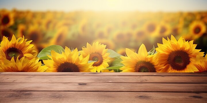 Vibrant picture of sunflower field on wooden table.