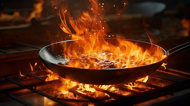 Dramatic flames engulf a frying pan during cooking process, capturing the art of culinary fire techniques.