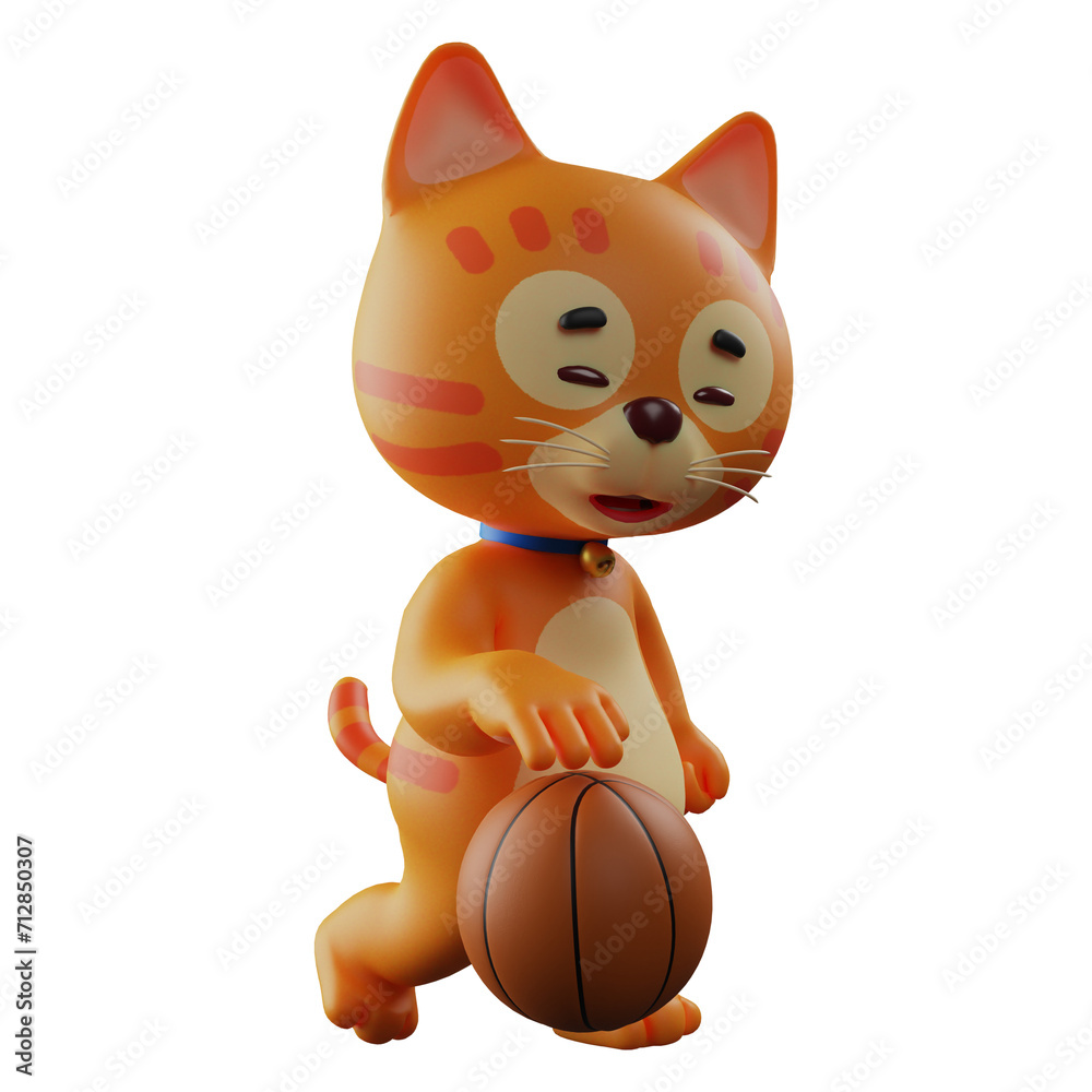 Fototapete 3d illustration. 3d cartoon character illustration of a cat with a ball dribbling. with a running po