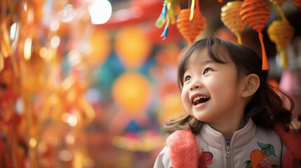 Warm Festival Moments : A girl who is excited in the New Year festival atmosphere
