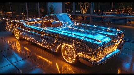 A shimmery silver convertible with neon lightning bolts resembling the car - obrazy, fototapety, plakaty