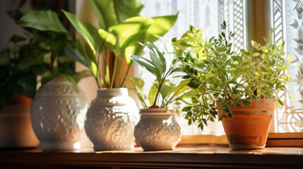 Variety of indoor plants in white decorative pots basking in sunlight on a cozy windowsill with lace curtains.
