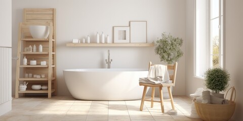 Fototapeta na wymiar Scandinavian bathroom with vintage white interior design, shown in .