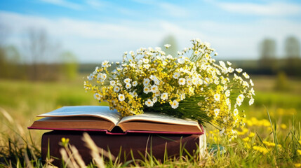 An open book lies on the grass in a sunlit field, adorned with a bouquet of wild white and yellow flowers, serene and idyllic.