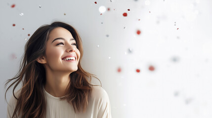 Winter Whimsy : Smiling woman staring somewhere on a white background
