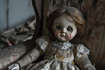 A haunted doll with cracked porcelain and a ghostly presence Old mystical scary horror doll - obrazy, fototapety, plakaty
