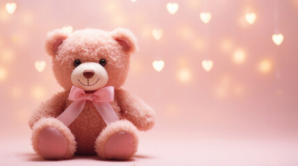 A charming pink teddy bear with a satin bow, sitting before a romantic heart-shaped bokeh background.