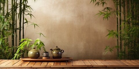 Empty teak wood tea table with bamboo plants, Chinese pattern screen, morning sunlight. Blank space for product display backdrop, Japanese. - obrazy, fototapety, plakaty
