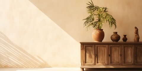 Antique wooden cabinet with tropical tree, clay vase in sunlight, shadow on beige wall for interior design background.