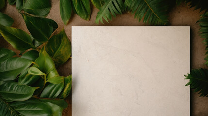 A creative mockup with tropical leaves framing a blank paper card on a sandy textured background.