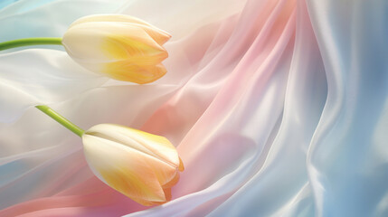 Two delicate tulips lie on a soft pastel satin fabric, creating a romantic and elegant floral background.
