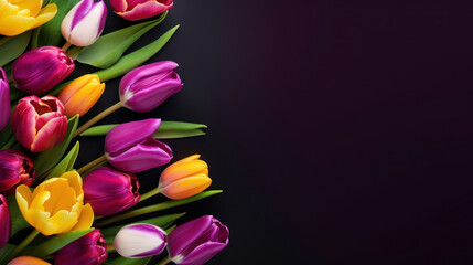 A vibrant arrangement of multi-colored tulips against a rich, dark background, exuding elegance and beauty.