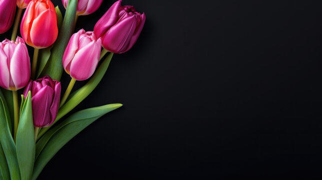 A vibrant bouquet of pink and purple tulips stands out against a stark black background, symbolizing elegance and simplicity.
