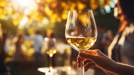 Hand holding a glass of white wine at an outdoor party, with a blurred background of people and trees.