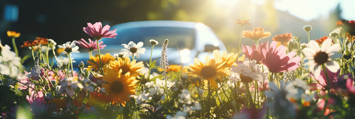 A field of vibrant wildflowers bathed in sunlight with the soft focus on a car in the warm, glowing background. - obrazy, fototapety, plakaty