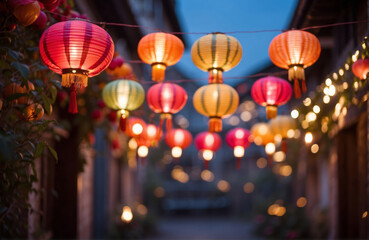 Colorful Chinese New Year Lanterns in an alley in Chinatown bokeh golden Nights with copy space, chinese new year banner design