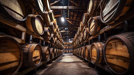 Rolgordijnen Whiskey barrels, bourbon barrels, scotch barrels and wine barrels in an aging facility. © morepiixel
