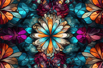 Stained glass abstract background. Fractal flower pattern in vibrant colors. Kaleidoscope art. 