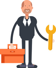 Old Businessman Character Holding Toolbox and Wrench
