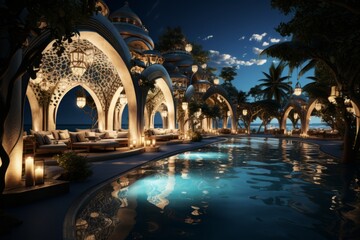 Obraz premium Ramadan Kareem Beach Resort with Decorative Lights, on an isolated Resort Turquoise background, Generative AI