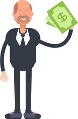 Old Businessman Character Holding Dollar Banknotes
