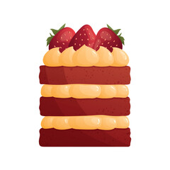 Red velvet cake with whipped cream and strawberry. Bakery, sweet food, dessert, pastry concept. Vector illustration for poster, banner, cover, card, postcard, menu.