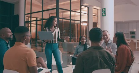 Business people, training or presentation in circle in workshop, collaboration or communication in job. Diversity, employees and discussion of networking in group and professional on work project - Powered by Adobe