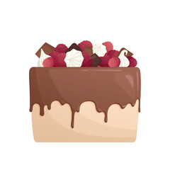 Decorated cake with raspberry, chocolate, meringue and cacao topping. Bakery, sweet food, dessert, pastry concept. Vector illustration for poster, banner, cover, card, postcard, menu.