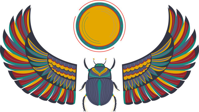 Scarab beetle with decorative wings and sun disc, Egyptian mythology inspired. Stylized ancient Egypt themed beetle and symbol. Graphic design for historic and cultural themes vector illustration.