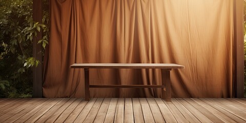 Wooden deck with table cloth and wall backdrop devoid of items.