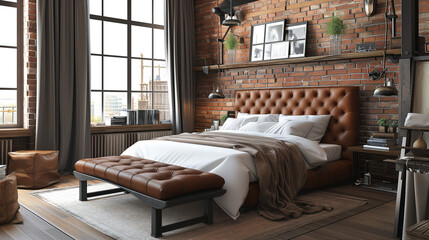Bed with brown leather headboard and bench. Loft interior design of modern bedroom