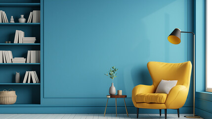  Beige armchair near sofa. Book shelf and floor lamp against blue wall. Scandinavian home interior design of modern living room