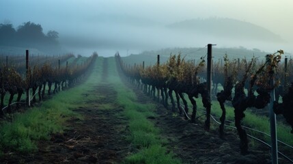 Soft wisps of fog drift between the rows of gvines, creating a sense of mystery and intrigue.